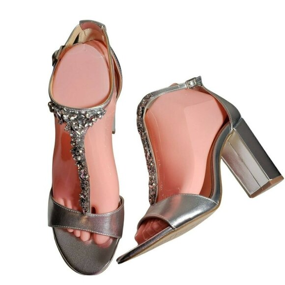 Jewel Badgley Mischka Silver Embellished T Strap Open Toe Evening Sandals Size 8 - Picture 4 of 12